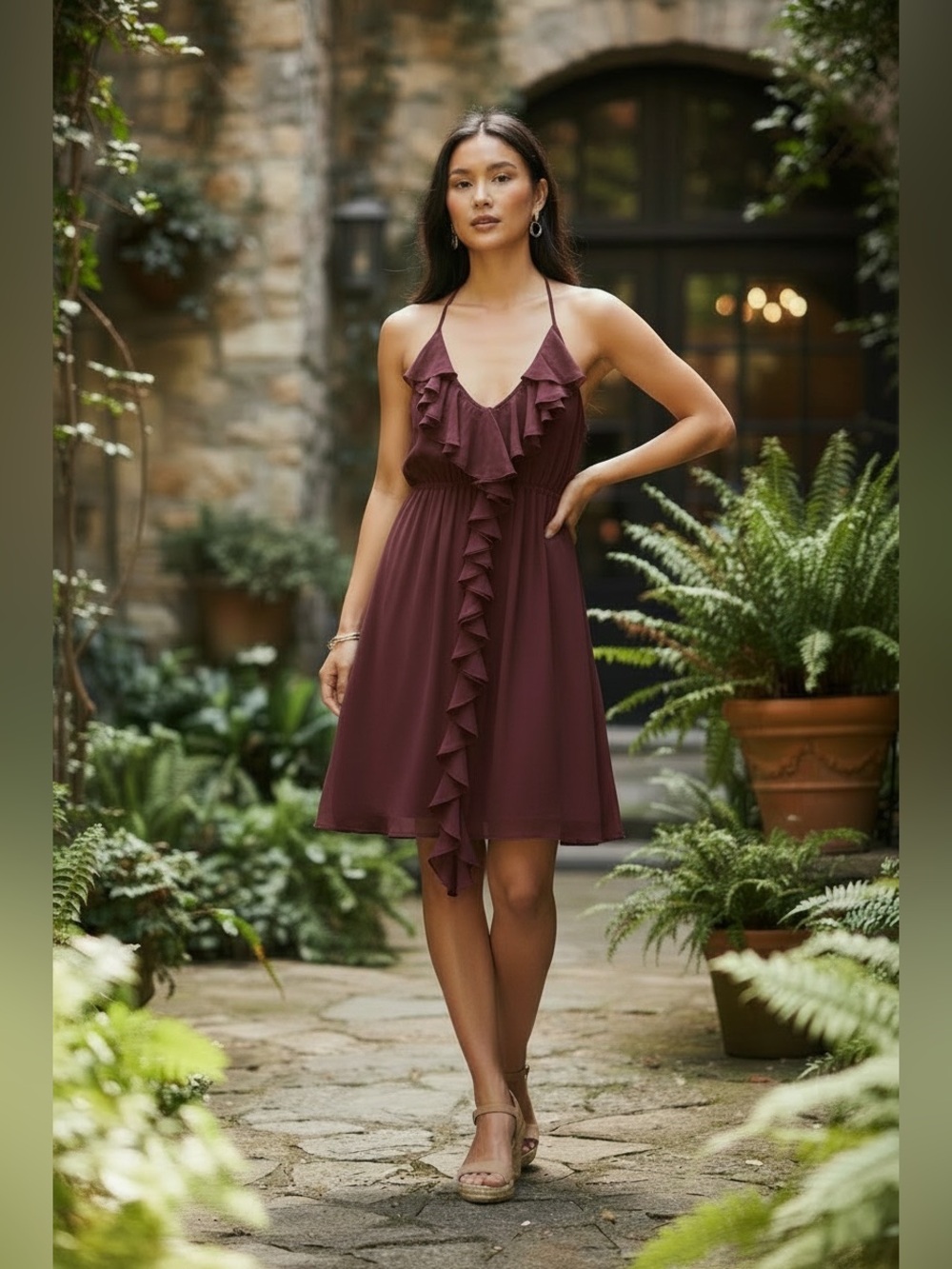 Women’s Ruffle Front Sleeveless Dress - Burgundy/plum